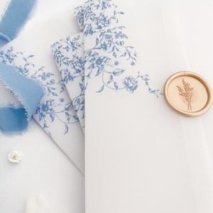 Prefolded Vellum Jacket For 5x7, Floral Vellum Paper, Wedding Invite Vellum Wrap, French Blue Toile Wedding Vellum Wrap, PRINTED Vellum Wrap