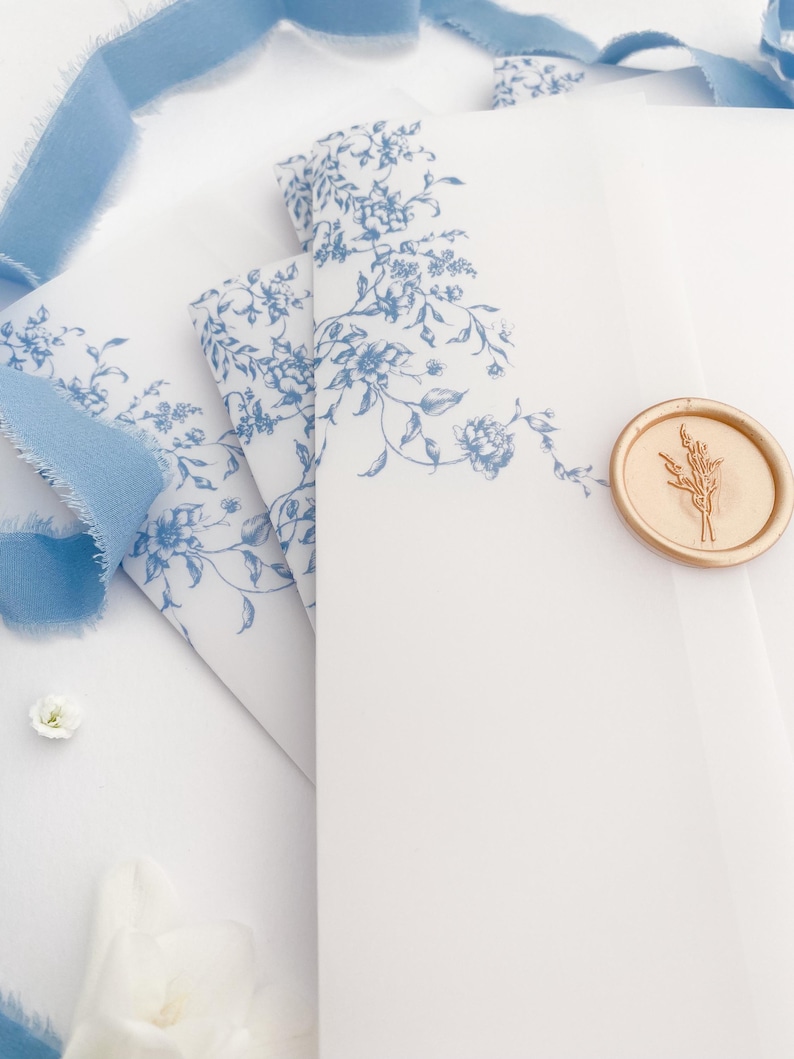 Prefolded Vellum Jacket For 5x7, Floral Vellum Paper, Wedding Invite Vellum Wrap, French Blue Toile Wedding Vellum Wrap, PRINTED Vellum Wrap