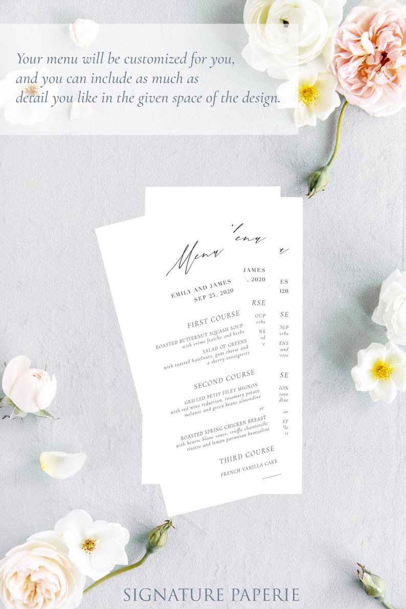 THE BLANCHE, Modern Wedding Menu, Printed Wedding Menu Card, Dinner Menu Card, Minimal Wedding Menu Card, Wedding Table Menu, Simple Wedding
