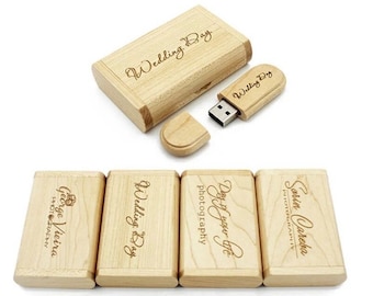 USB stick made of wood with engraving and gift box