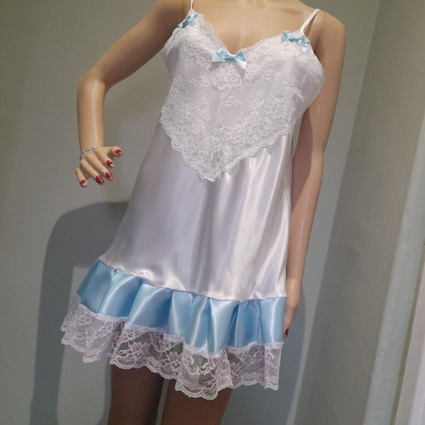 Satini Lingerie Satijn Sissy Babydoll Ruche Frilly Kant Slip Nachtkleding Jurk (Babyroze, XXL