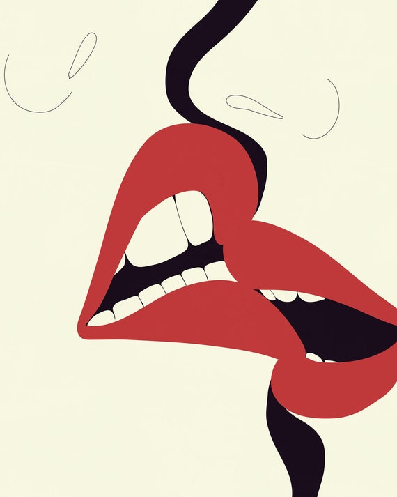 Once Bitten Fine Art Print. Biting Lips Wall Art. Mid Century