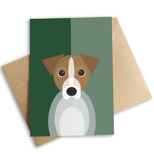 May include: A greeting card featuring a cartoon illustration of a Jack Russell Terrier dog with brown and white fur. The dog is looking directly at the viewer with a neutral expression. The background is a split green colour.