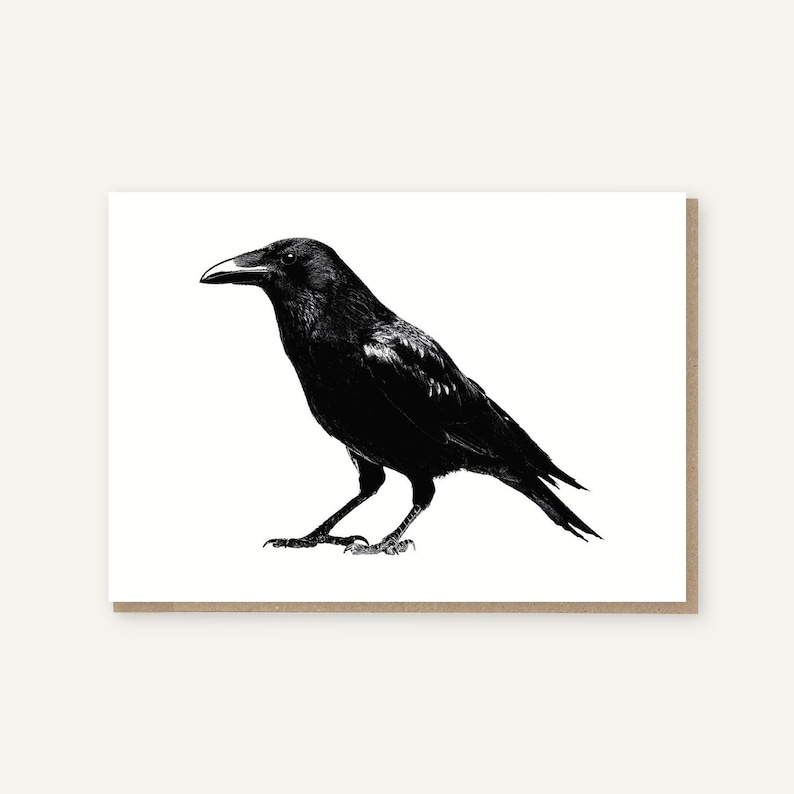 Etched Black Crow Greetings Card, Botanical Gothic Design