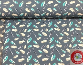 132cm Reststück - Jersey - Federn und Blätter - blau / türkis