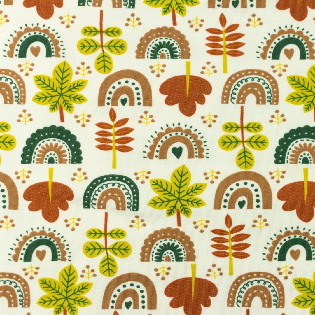 Jersey Regenbogen Blätter Creme Grün Braun