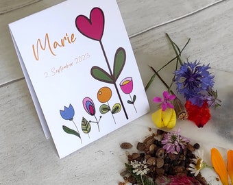 12x BIO Blumensamen Gastgeschenk Taufe | personalisiert mit Name und Datum | Tischkarte nachhaltige Blumenmischung