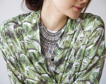 Monstera leaf kimono/ white and green/ hand made kimono/ bohemian kimono