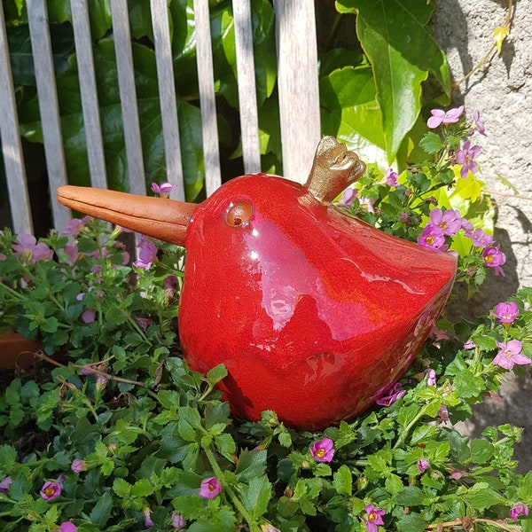 ZAUNKÖNIG Keramik groß - rot - Vogel - Gartendeko - Dekoration - Garten