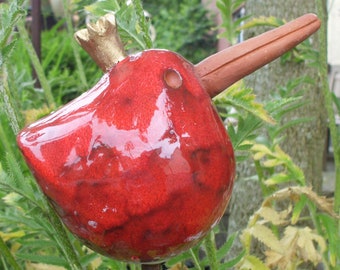 ZAUNKÖNIG Keramik - ROT - Vogel - Gartendeko - Dekoration - Garten -Keramikvogel-Handarbeit-Gartenkeramik-Geschenkartikel-Töpferei-