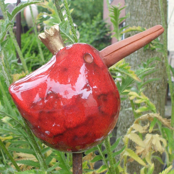 ZAUNKÖNIG Keramik - ROT - Vogel - Gartendeko - Dekoration - Garten -Keramikvogel-Handarbeit-Gartenkeramik-Geschenkartikel-Töpferei-