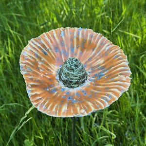 Può includere: Un decoro da giardino in ceramica a forma di fiore con una parte superiore ampia e ondulata, caratterizzata da uno smalto arancione lucido e macchie blu. Il centro del fiore è una forma conica rialzata verde scuro con macchie nere su un'asta.