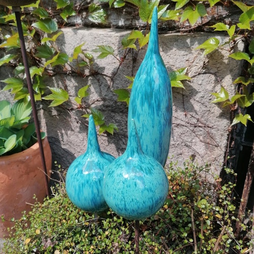 Set of 3 ceramic flower stakes - Mauritian turquoise - garden decoration - garden