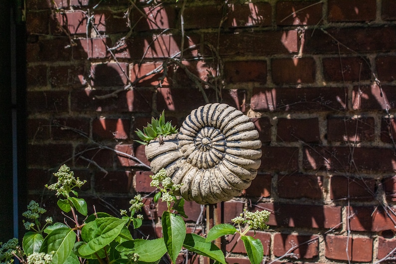 May include: A beige, fossil-shaped planter with a succulent plant inside. The planter is mounted on a metal rod, set against a red brick wall with climbing vines. The image is taken in natural light.