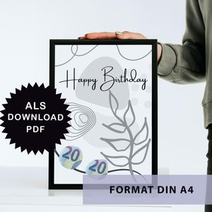 DIY cash gift template for picture frames as an instant print in DIN A4 format | "Happy Birthday Aesthetic Style" PDF Download, Last Minute