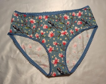 MoodySous Damen-Slip Unterhose "Magnolien und Vögel" Vogel, Blumen, aus Jersey, Größen 34-46, auch als Midi waist