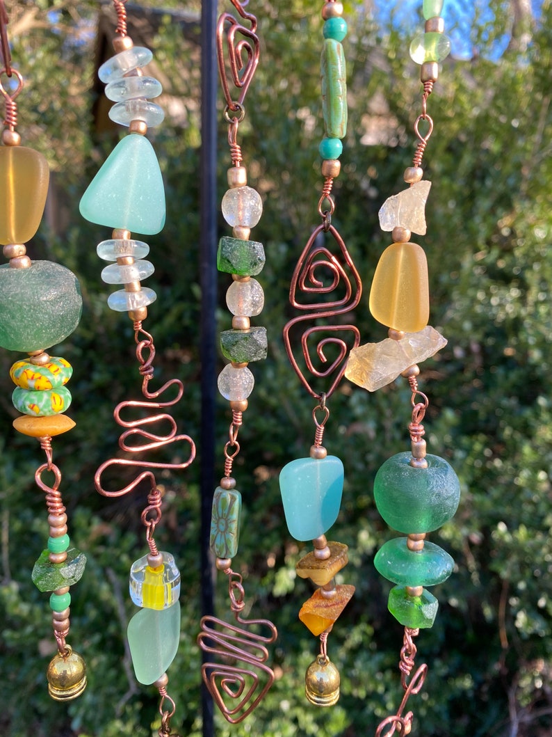 Glass bead suncatcher green gold and copper wire Etsy