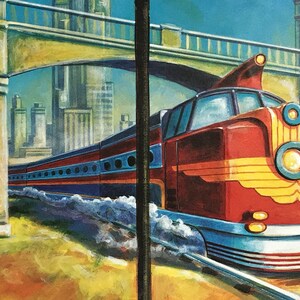 FAB Art Card/ Handmade Blank Collage Card / Red City Train