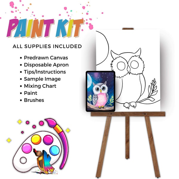 Colorful Owl | DIY Paint Party Kit | Acrylic Painting | Sip and Paint Girls Night | Pre-Sketched Canvas