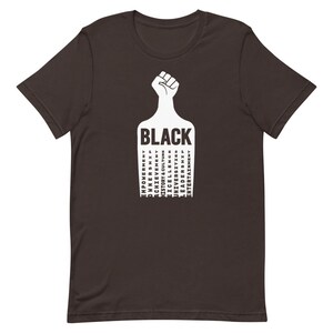 K&ouml;nnte beinhalten: Ein dunkelbraunes T-Shirt mit einer wei&szlig;en Faust, die in die Luft erhoben ist. Die Faust h&auml;lt ein wei&szlig;es Rechteck mit dem Wort "BLACK" in Gro&szlig;buchstaben. Das Rechteck ist mit W&ouml;rtern in Gro&szlig;buchstaben gef&uuml;llt, darunter "EMPOWERMENT", "OWNERSHIP", "ACHIEVEMENT", "HISTORY & CULTURE", "DIVERSITY", "UNIVERSITIES", "EXCELLENCE", "LEADERSHIP", "ENTERTAINMENT".