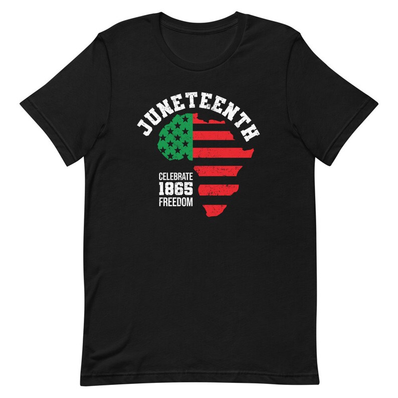 May include: Black t-shirt with a white graphic of an African continent shaped like the American flag. The text "Juneteenth" is in a white circle above the graphic. The text "Celebrate 1865 Freedom" is below the graphic.