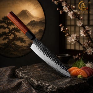 Hand Forged Chef Knife, 8 Inch Japanese Kitchen Knife, 3 Layer Clad Steel, African Wood Handle