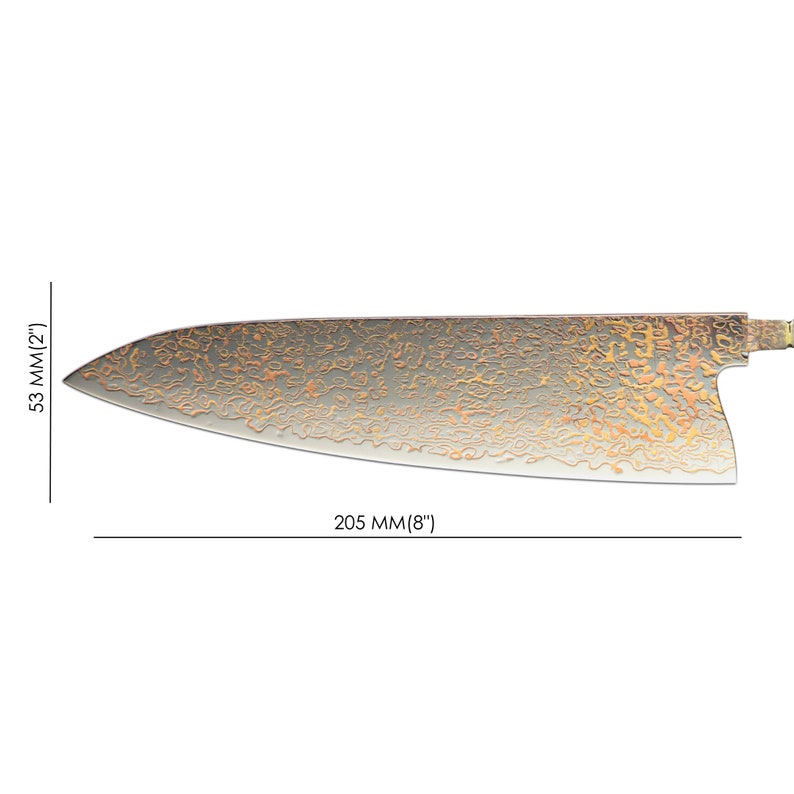 May include: A close-up of a silver chef's knife with a hammered finish. The blade is 8 inches long and 2 inches wide. The knife has a textured, hammered finish that gives it a unique look.