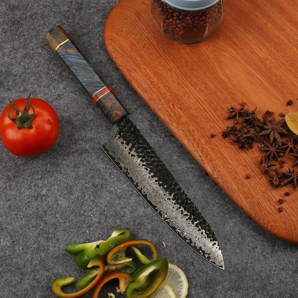 Couteau de chef japonais Lame martelée Gyuto pour cuisiner à la maison, outil de cuisine, poignée de couleur aléatoire