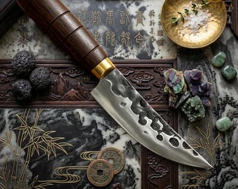 Hand Forged Chef Knife, High Carbon Steel, 160mm Blade, Rustic Wooden Handle