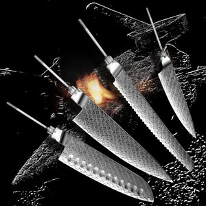 May include: Four silver kitchen knives with textured blades and different shapes. The knives are arranged in a staggered pattern against a black background.