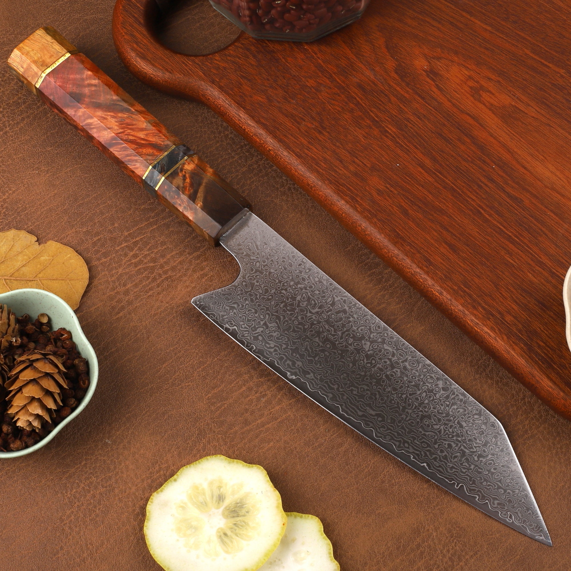 New Handmade Damascus Chef Knife 8.5 Inch Home Kitchen Tool Leather Sheath  - Yashka Designs