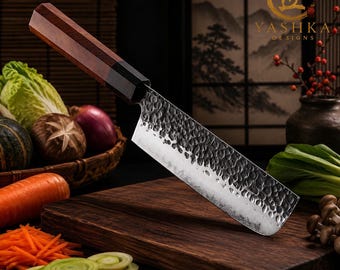 Hand Forged Nakiri Knife – 6.3 Inch Japanese Knife, Clad Steel Blade, Octagonal Wood Handle