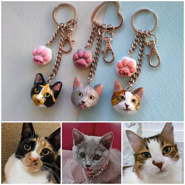 Custom Cat Portrait Keychain Memorial, Personalized Pet Owner Gift, Semi-Realistic Ceramic Cat, Gift for Him/Her on Birthday or Grief