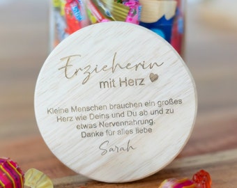 Vorratsglas mit personalisiertem Holzdeckel / Gravur nach Wunsch / Danke Tagesmutter / Erzieher / Kindergarten