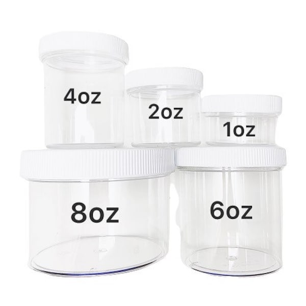 Affordable 1oz, 2oz, 4oz, 6oz, and 8oz Clear Containers, 5 piece, Slime Containers, Screw-top Polystyrene Jars, Free Shipping Eligible