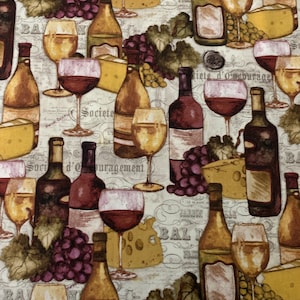 May include: A fabric pattern featuring illustrations of wine bottles, wine glasses filled with red and white wine, clusters of purple grapes, and wedges of yellow cheese. The background includes faint, repeating cursive text and script.