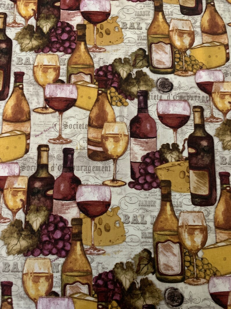 May include: A fabric pattern featuring illustrations of wine bottles, wine glasses filled with red and white wine, clusters of purple grapes, and wedges of yellow cheese. The background includes faint, repeating cursive text and script.
