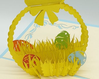 Panier de Pâques jaune, carte 3D / carte pop-up, panier d'oeufs de Pâques pop up, cartes pliantes de Pâques 3D, panier de Pâques pop up