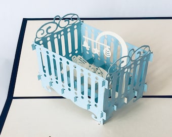 Pop-up baby bed light blue, gift for newborns, pop-up card for birth, baptism, 3D foldable baby cradle, pop-up greeting card for birth