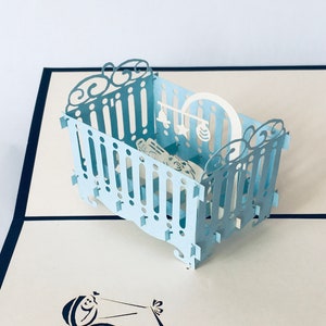 Lettino pop-up azzurro, regalo per neonati, biglietto pop-up per nascita, battesimo, culla pieghevole 3D, biglietto d'auguri pop-up per nascita