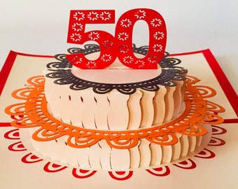 50th birthday cake, Happy 50th birthday, 50th birthday card, 50th birthday pop-up card, 3D pop up 50th birthday card