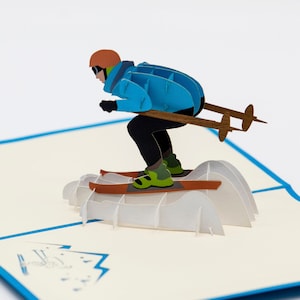 Skieur, skis, chèque vacances au ski, chèque de voyage pop-up, carte d'anniversaire 3D, ski hobby, cadeau pop-up pour skieurs