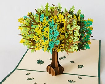 Chêne, chêne coloré pop up, carte pliante fête des mères, cadeau fête des pères, carte anniversaire filigrane, carte de voeux chêne 3D, chêne pop up, chêne