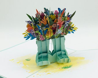 Fleurs en bottes, carte pop up, carte 3D, carte félicitations, cadeau fête des mères