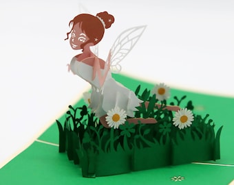 Lucky fairy with daisies, 3D card, pop up card, invitation card, folding card, birthday folding card, 3D Easter card, gift for children