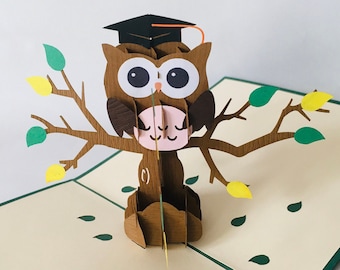 Eule mit Doktorhut, Owl with mortarboard, Universitätsabschluß, Schulabschluß, pop up card, 3D-Karte, Glückwunschkarte, Greating card