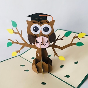 Hibou avec mortier, Hibou avec mortier, diplôme universitaire, diplôme scolaire, carte pop-up, carte 3D, carte de félicitations, carte de vœux