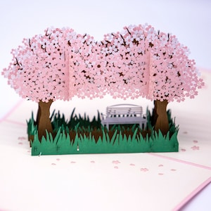 Cerisiers pop-up, rue des cerisiers pop-up, cartes pliantes 3D cerisiers, cerisiers pop-up en pleine floraison