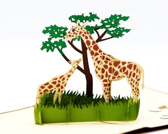 Giraffe, giraffe family in the savannah, 3D card, pop-up card, greeting card