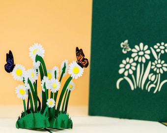 Daisy, pop-up card, invitation card, birthday card, Easter card, get well soon, pop-up voucher, spring, spring flower